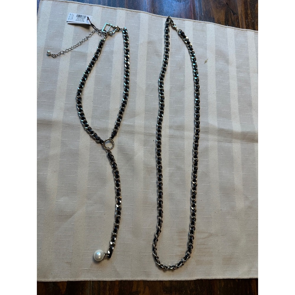 White House Black Market Leather Chain Pearl Lariat Necklace Set Silver Black